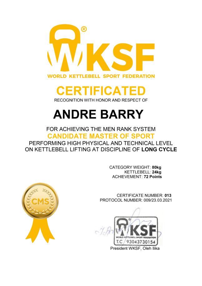 Candidate Master of Sport - Barry Andre - Kettlebell LongCycle